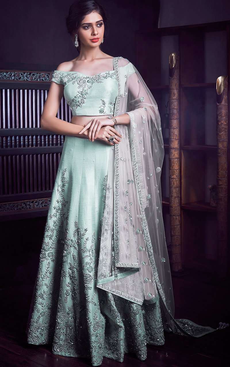Embroidered Printed Light Green Net Long Gown Anarkali 34th Sleeves