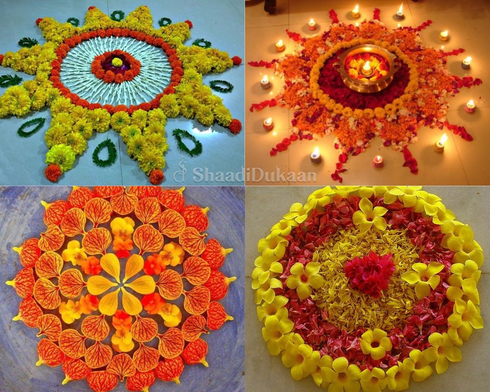 Flower Rangoli For Diwali Or Pongal Or Onam Made Using Marigold Or Zendu  Flowers And Red Rose Petals Over White Background With Diwali Diya In The  Middle Selective Focus Stock Photo -