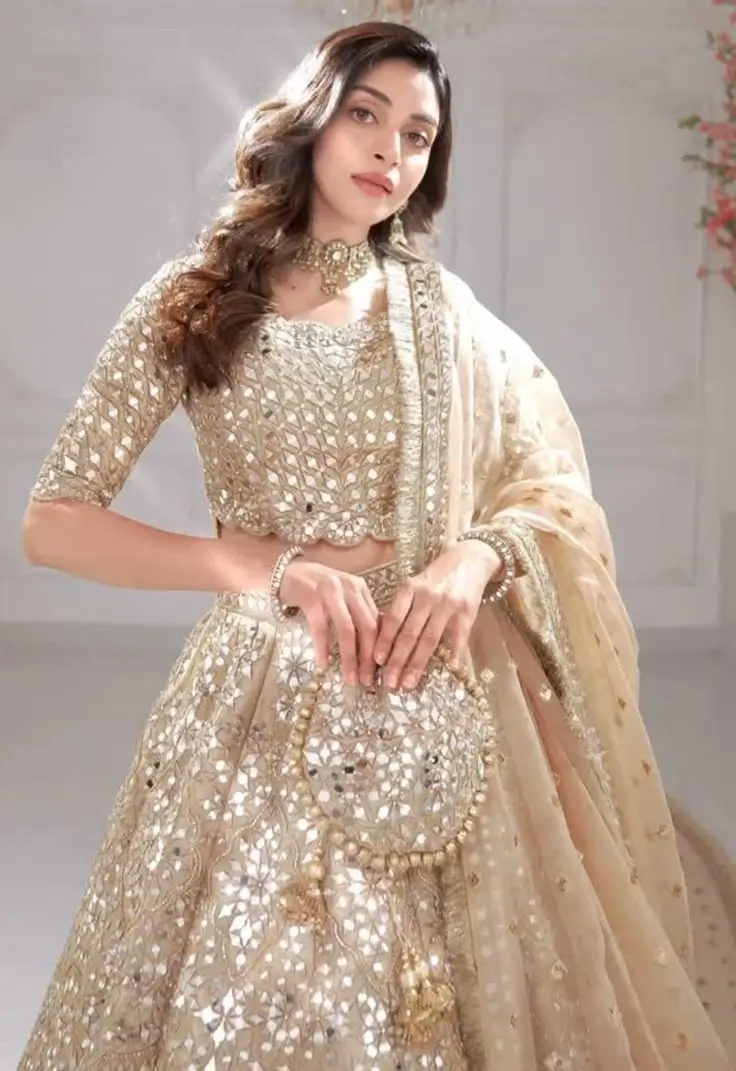 slim fit dress slacks Haldi/ mehendi special Golden Mirror work lehenga – Shopping World main image 1